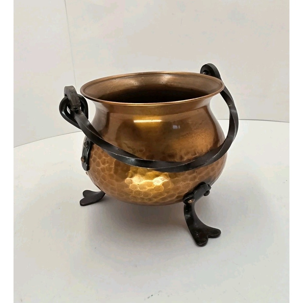VTG German Hammered‎ CopperCauldron Pot Wrought Iron Tripod Feet Handle 5"